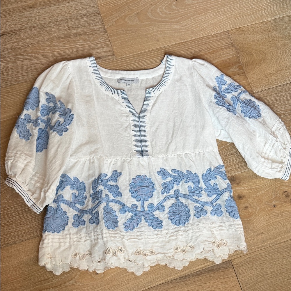 Rose and Rose White Blouse with Blue Embroidery